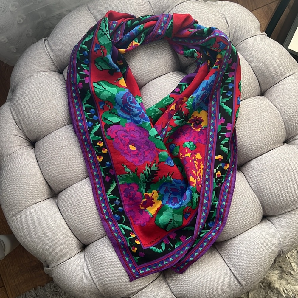 Purple Floral Print Square Scarf Vibrant Red Green Blue Yellow Lightweight